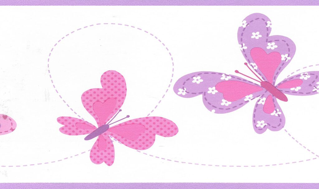 Prepasted Wallpaper Border – Kids Pink, Purple Butterflies Wall Border Retro Design, 15 ft x 6.87 in (4.57m x 17.45cm)
