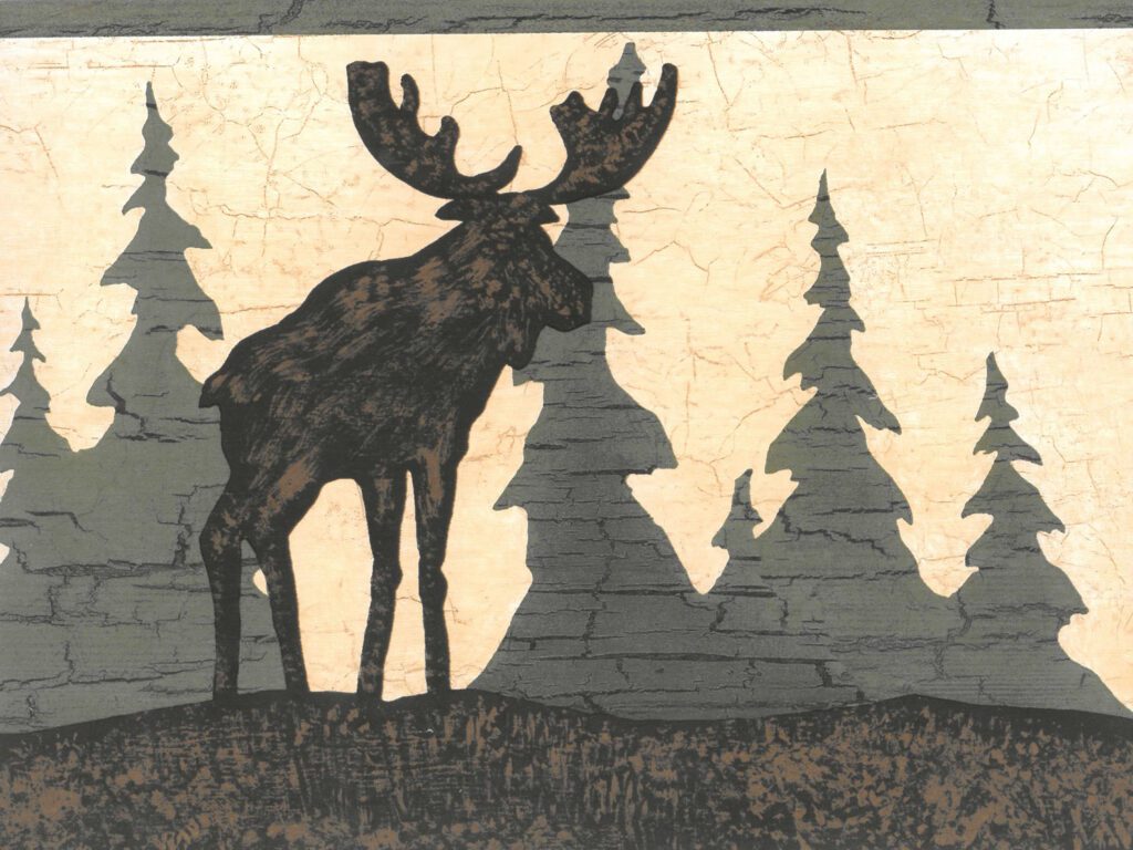 Prepasted Wallpaper Border – Animal Beige, Brown, Green Bear, Moose, Pine Trees Wall Border Retro Design, 15 ft x 6.87 in (4.57m x 17.45cm)