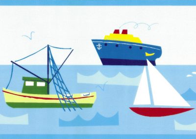 Prepasted Wallpaper Border - Nautical Blue, Red, White, Yellow Ships, Sailboats Wall Border Retro Design, 15 ft x 6 in (4.57m x 15.24cm)