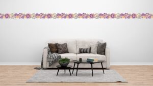 Prepasted Wallpaper Border - Kids Purple, Pink, Green, Yellow Flowers Scalloped Wall Border Retro Design, 15 ft x 5.7 in (4.57m x 14.48cm)