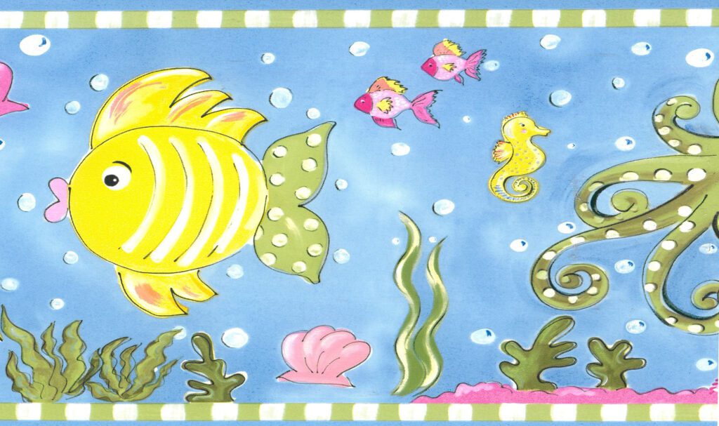 Prepasted Wallpaper Border – Kids Pink, Green, Cobalt Blue Fish, Seahorse, Jellyfish, Octopus Wall Border Retro Design, 15 ft x 6 in (4.57m x 15.24cm)