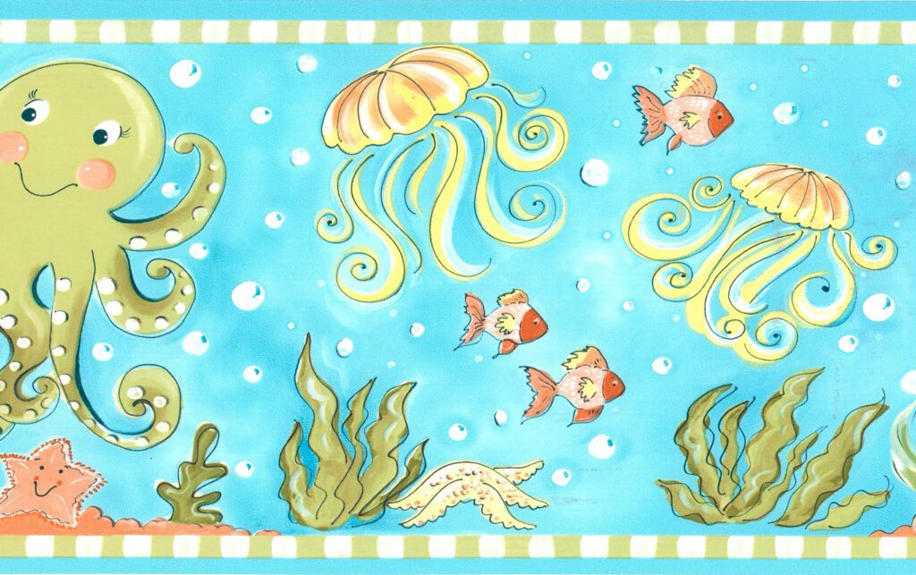 Prepasted Wallpaper Border – Kids Sky Blue, Green, Pink Fish, Seahorse, Jellyfish, Octopus Wall Border Retro Design, 15 ft x 6 in (4.57m x 15.24cm)