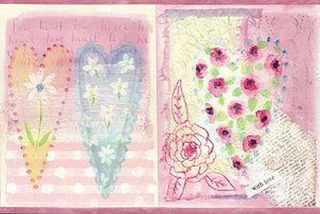 Prepasted Wallpaper Border – Kids Pink, Purple Hearts, Butterflies Wall Border Retro Design, 15 ft x 7 in (4.57m x 17.78cm)