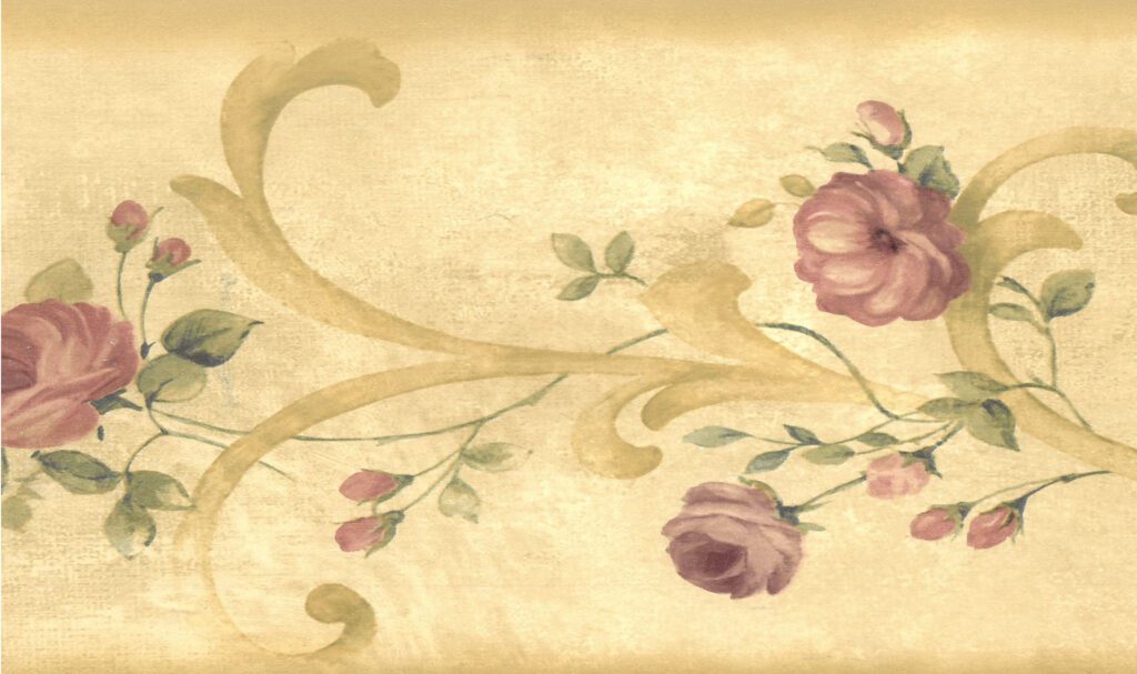 Prepasted Wallpaper Border – Floral Beige, Brown, Mauve Bloomed Roses on Damask Scroll Wall Border Retro Design, 15 ft x 6 in (4.57m x 15.24cm)