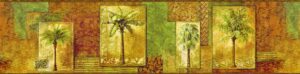 Prepasted Wallpaper Border - Botanical Green, Brown, Burgundy Palm Trees in Postcards Wall Border Retro Design, 15 ft x 8.7 in (4.57m x 22.1cm)