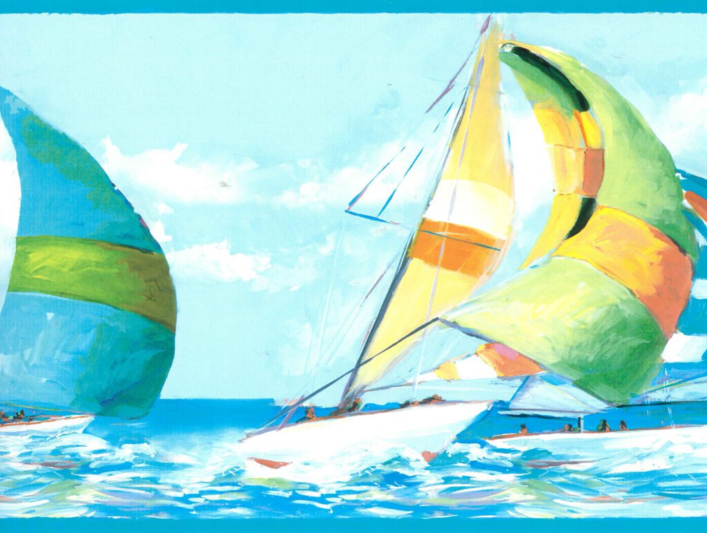 Prepasted Wallpaper Border – Nautical Blue, Green, White, Yellow Sailboats, Regatta Wall Border Retro Design, 15 ft x 8 in (4.57m x 20.32cm)