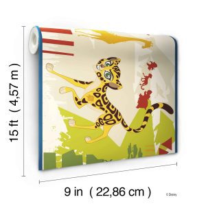 Prepasted Wallpaper Border - Kids Animals Yellow, Green, Red, Beige Wall Border Retro Design, Roll 15 ft X 9 in (4.57m X 22.86cm)