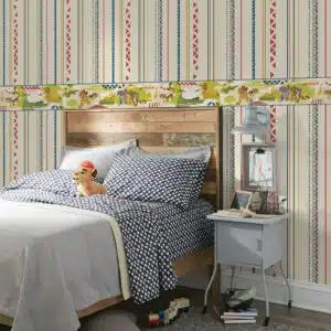 Prepasted Wallpaper Border - Kids Animals Yellow, Green, Red, Beige Wall Border Retro Design, Roll 15 ft X 9 in (4.57m X 22.86cm)