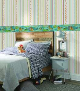 Prepasted Wallpaper Border - Kids Animals Yellow, Green, Red, Blue Wall Border Retro Design, Roll 15 ft X 9 in (4.57m X 22.86cm)