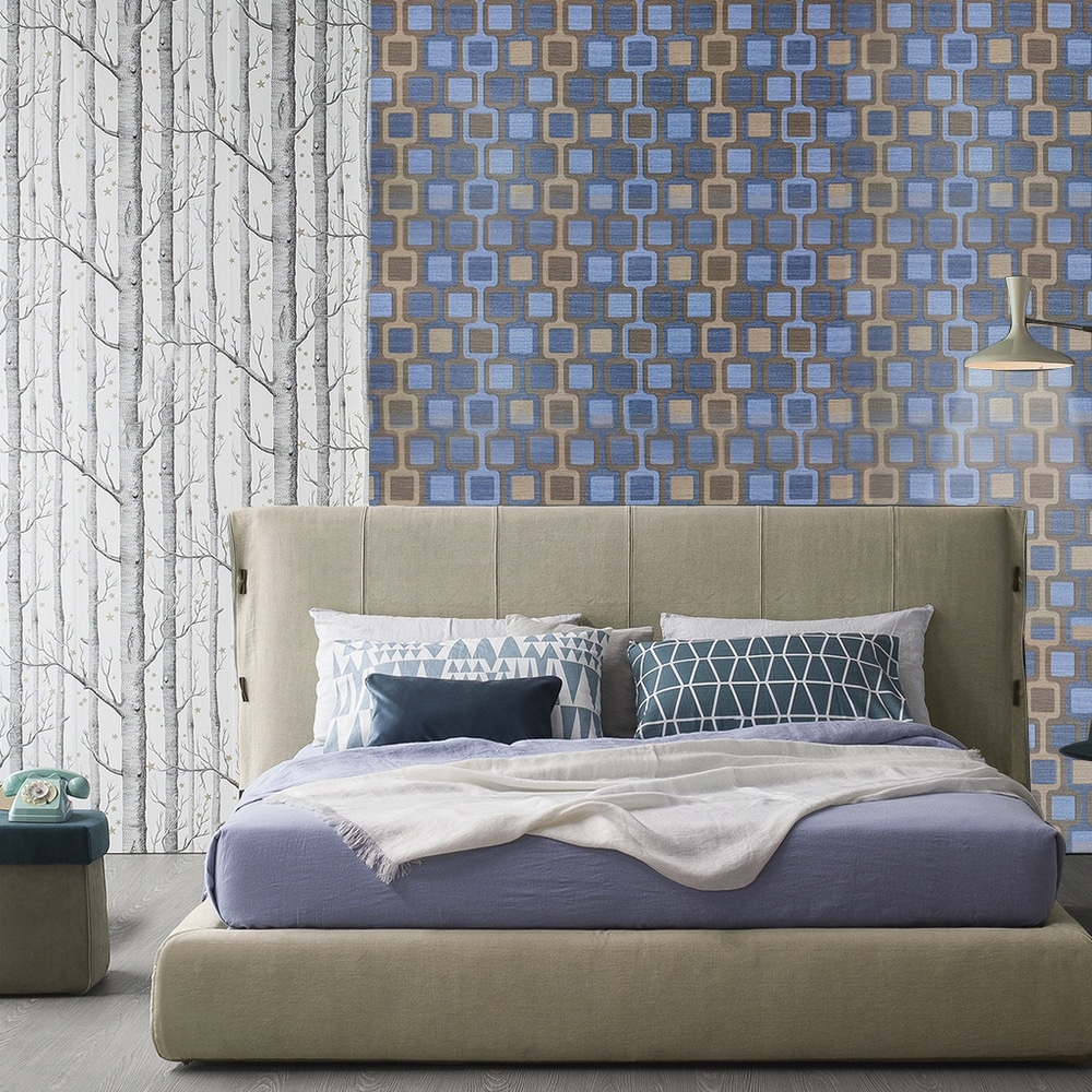 Geometric Printed Sepia, Aegean Blue, Silver Square Shapes Peel and Stick Self Adhesive Removable Wallpaper, Roll 18 ft. X 18 in. (5.5m X 45cm), 26.6 sq. ft. (2.5 sq. m)