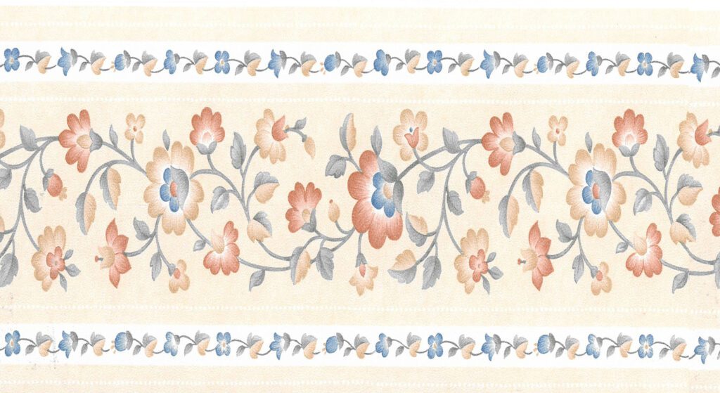 Prepasted Wallpaper Border – Floral Beige, Green, Blue, Pink Flowers on Vine Wall Border Retro Design, 15 ft x 4.13 in (4.57m x 10.49cm)