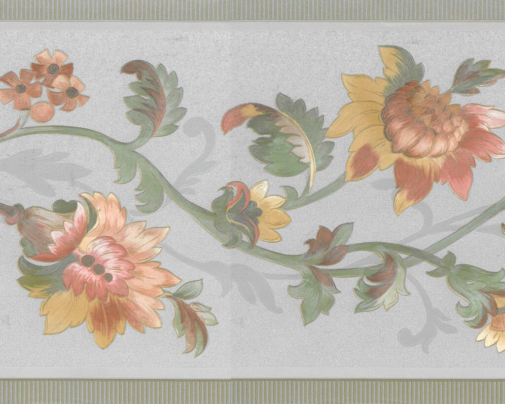 Prepasted Wallpaper Border – Floral Teal, Pink, Gold, Green Blooming Flowers on Vine Wall Border Retro Design, 15 ft x 8.25 in (4.57m x 20.96cm)