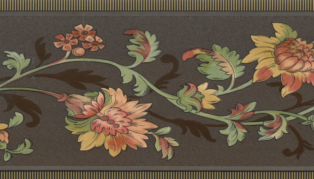 Prepasted Wallpaper Border – Floral Brown, Gold, Green, Pink Flowers on Vine Wall Border Retro Design, 15 ft x 8.25 in (4.57m x 20.96cm)