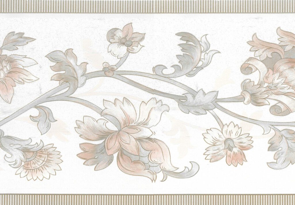 Prepasted Wallpaper Border – Floral Pearl, Mauve, Gold, Beige Flowers on Vine Wall Border Retro Design, 15 ft x 8.25 in (4.57m x 20.96cm)