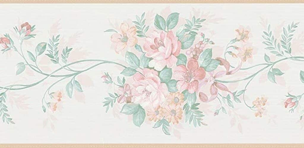 Prepasted Wallpaper Border – Floral Beige, Pink, Green Flowers on Vine Wall Border Retro Design, 15 ft x 5.66 in (4.57m x 14.38cm)