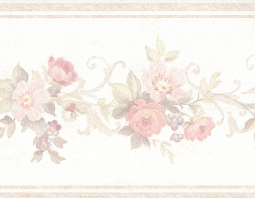 Prepasted Wallpaper Border – Floral Beige, Pink Blooming Roses on Vine Wall Border Retro Design, 15 ft x 5.25 in (4.57m x 13.34cm)