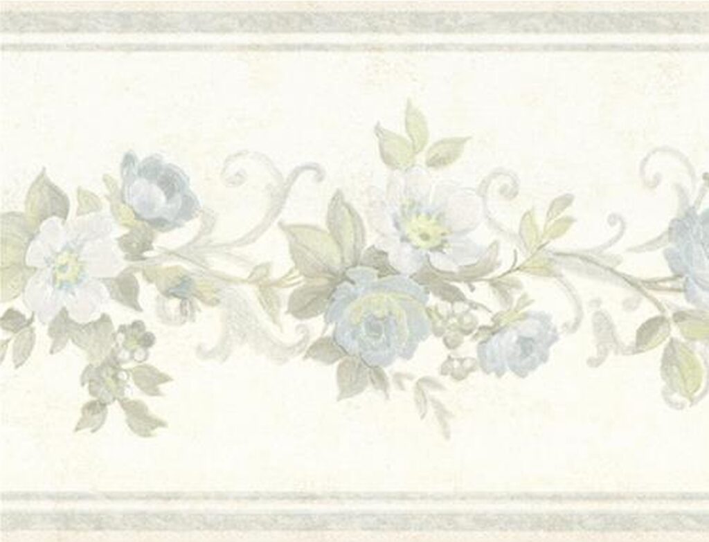 Prepasted Wallpaper Border – Floral Beige, Blue, Green, White Blooming Roses on Vine Wall Border Retro Design, 15 ft x 5.25 in (4.57m x 13.34cm)