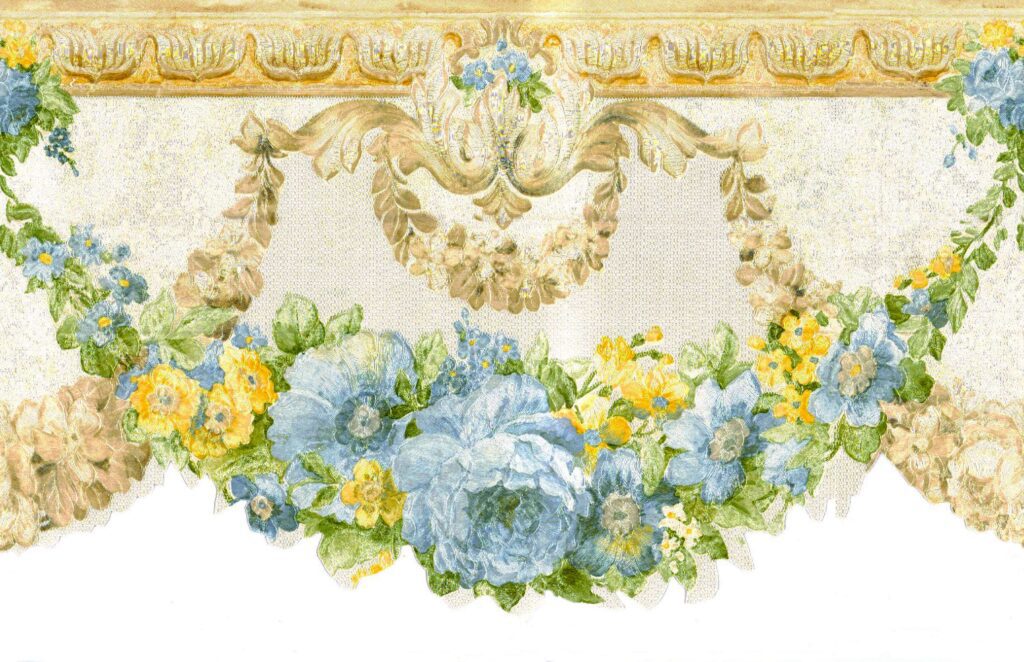 Prepasted Wallpaper Border – Floral Green, Blue, Yellow, Pearl Flower Garlands Scalloped Wall Border Retro Design, 15 ft x 6.25 in (4.57m x 15.88cm)