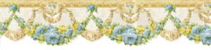 Prepasted Wallpaper Border - Floral Green, Blue, Yellow, Pearl Flower Garlands Scalloped Wall Border Retro Design, 15 ft x 6.25 in (4.57m x 15.88cm)