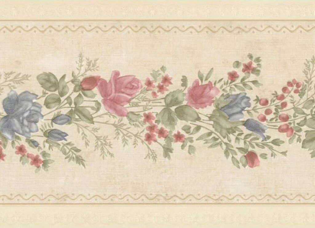Prepasted Wallpaper Border – Floral Olive Green, Pink, Grey Roses on Vine Wall Border Retro Design, 15 ft x 5 in (4.57m x 12.7cm)