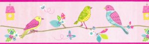 Prepasted Wallpaper Border - Kids Pink, Green, Yellow, Blue Birds, Flowers Wall Border Retro Design, 15 ft x 7 in (4.57m x 17.78cm)