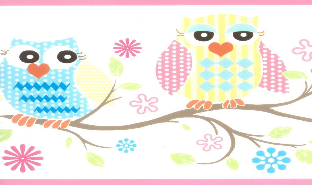 Prepasted Wallpaper Border – Kids Pink, Blue, Yellow Owls on Branch Wall Border Retro Design, 15 ft x 6 in (4.57m x 15.24cm)