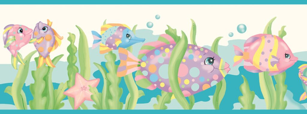 Prepasted Wallpaper Border – Kids Blue, Green, Pink Fish, Seashell, Octopus, Turtle, Starfish Wall Border Retro Design, 15 ft x 6 in (4.57m x 15.24cm)
