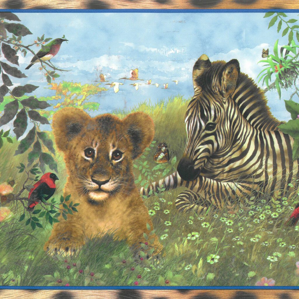 Prepasted Wallpaper Border – Jungle Green, Blue, Brown Baby Animals Wall Border Retro Design, 15 ft x 10 in (4.57m x 25.4cm)