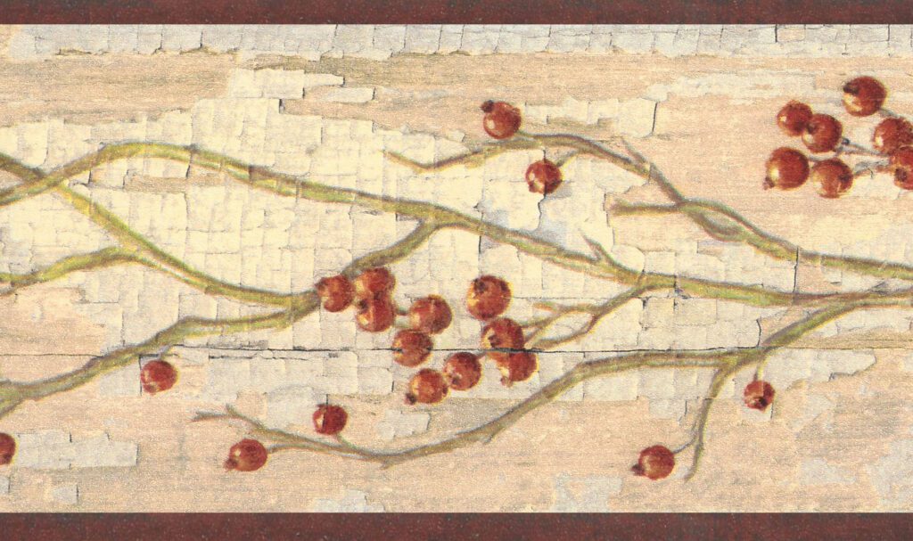 Prepasted Wallpaper Border – Floral Light Beige, Red Distressed Berries on Vine Wall Border Retro Design, 15 ft x 4.5 in (4.57m x 11.43cm)