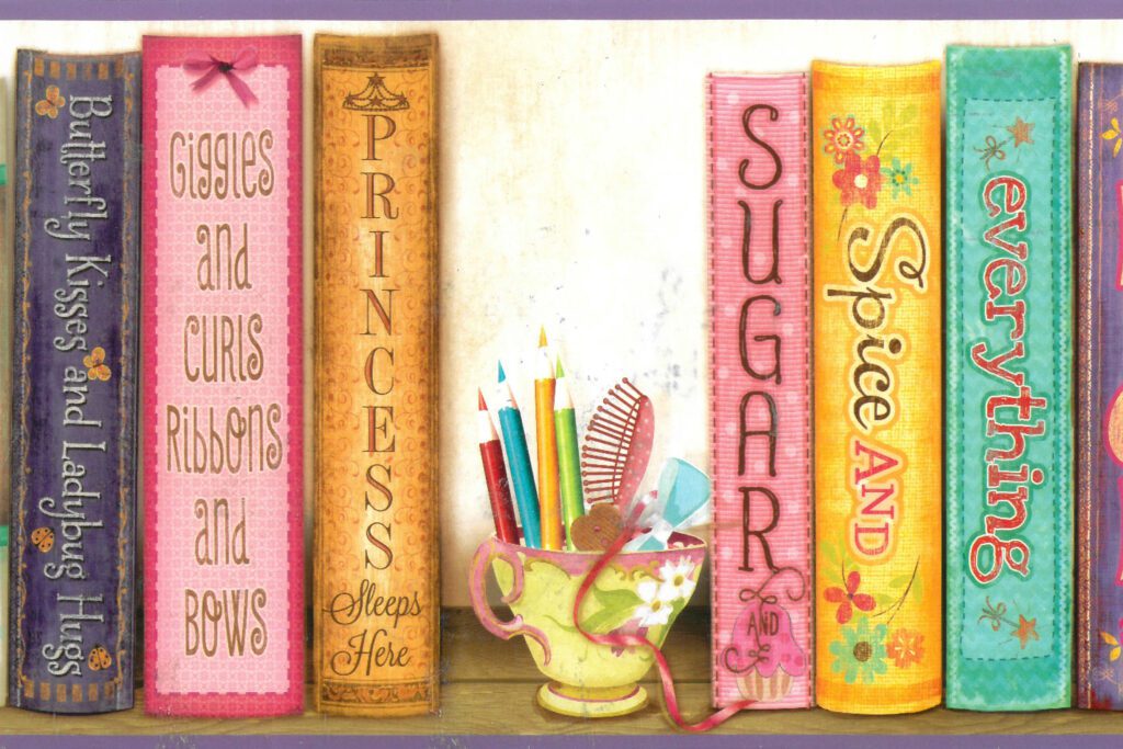 Prepasted Wallpaper Border – Kids Pink, Purple, Yellow Books, Pencils on Bookshelf Wall Border Retro Design, 15 ft x 6 in (4.57m x 15.24cm)