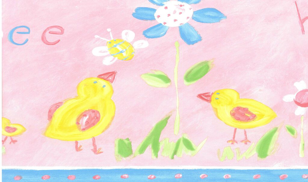 Prepasted Wallpaper Border – Kids Pink, Blue, Green, Yellow Bird, Flower Drawing Wall Border Retro Design, 15 ft x 12 in (4.57m x 30.48cm)