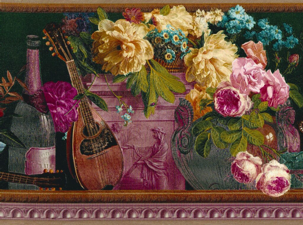 Prepasted Wallpaper Border – Retro Blue, Grey, Pink, Purple Flowers, Vase, Cello  Wall Border Retro Design, 15 ft x 6.8 in (4.57m x 17.27cm)