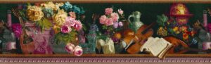 Prepasted Wallpaper Border - Retro Blue, Grey, Pink, Purple Flowers, Vase, Cello  Wall Border Retro Design, 15 ft x 6.8 in (4.57m x 17.27cm)