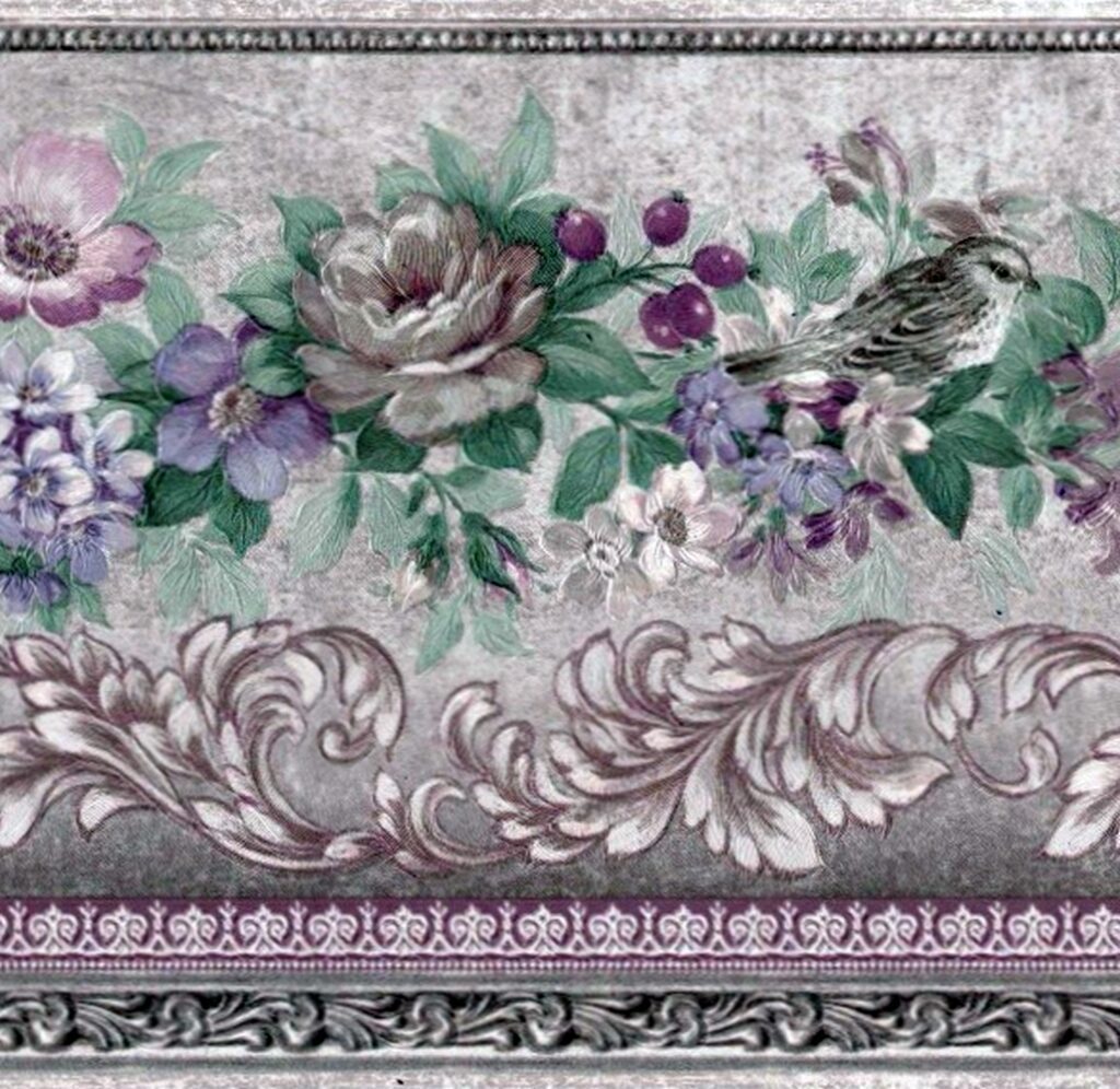 Prepasted Wallpaper Border – Floral Beige, Green, Purple, Pink Flowers on Vine, Damask Scrolls Wall Border Retro Design, 15 ft x 5.25 in (4.57m x 13.34cm)
