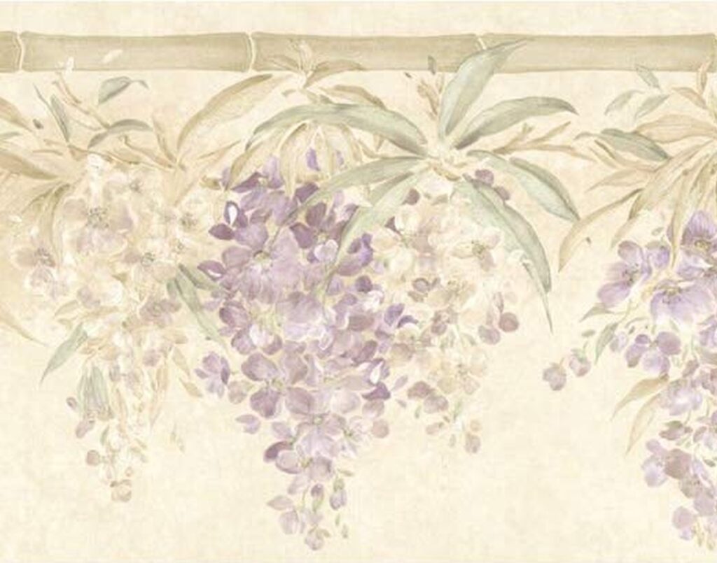 Prepasted Wallpaper Border – Floral Green, Beige, Purple Flowers on Bamboo Rod Wall Border Retro Design, 15 ft x 10.25 in (4.57m x 26.04cm)