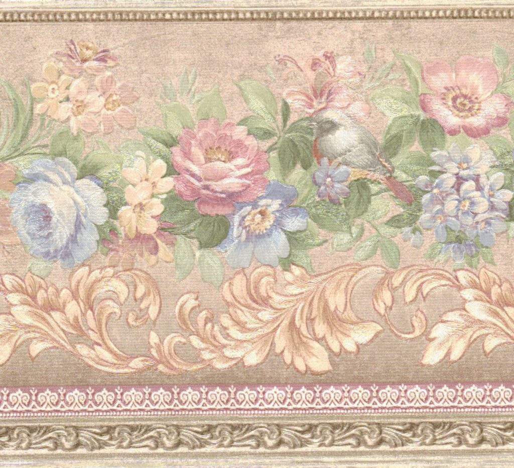 Prepasted Wallpaper Border – Floral Pink, Blue, Green Flowers, Vines Wall Border Retro Design, 15 ft x 5.2 in (4.57m x 13.21cm)