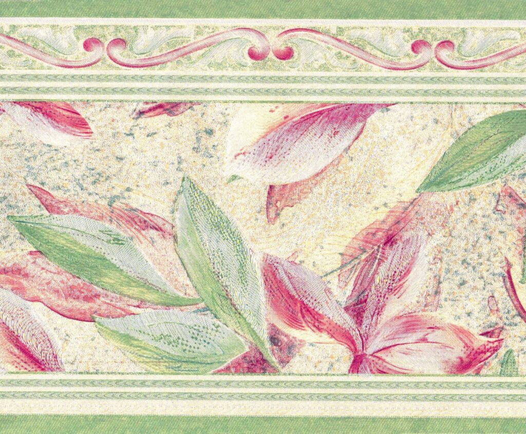 Prepasted Wallpaper Border – Floral Pink, Green, Beige Leaves, Scrolls Wall Border Retro Design, 15 ft x 7 in (4.57m x 17.78cm)