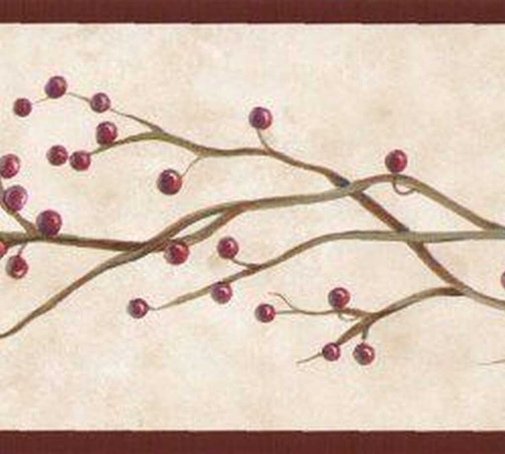Prepasted Wallpaper Border – Floral Brown, Beige Berries on Vine Wall Border Retro Design, 15 ft x 4.25 in (4.57m x 10.8cm)