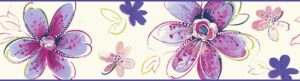 Prepasted Wallpaper Border - Kids Floral Lilac, Green, White, Silver Wall Border Retro Design, Roll 15 ft X 6.75 in (4.57m X 17.15cm)
