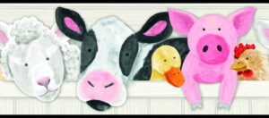 Prepasted Wallpaper Border - Kids Farm Animals Pink, Black, Yellow Wall Border Retro Design, Roll 15 ft X 9 in (4.57m X 22.86cm)