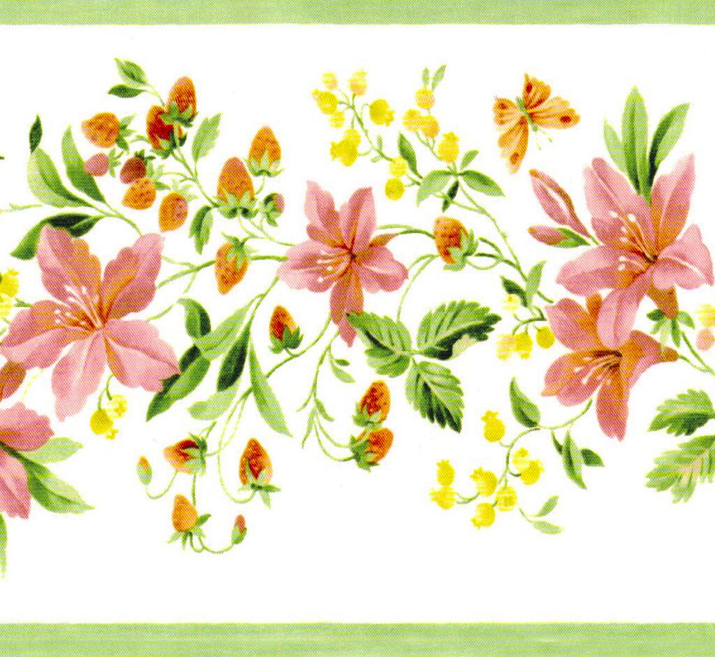 Prepasted Wallpaper Border – Floral Pink, Green, Yellow Flowers on Vine Wall Border Retro Design, 15 ft x 5.2 in (4.57m x 13.21cm)