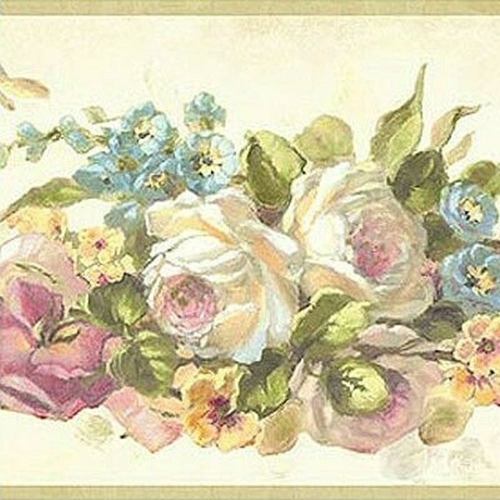 Prepasted Wallpaper Border – Floral Pink, Green, Blue Roses in Bouquets Wall Border Retro Design, 15 ft x 6 in (4.57m x 15.24cm)