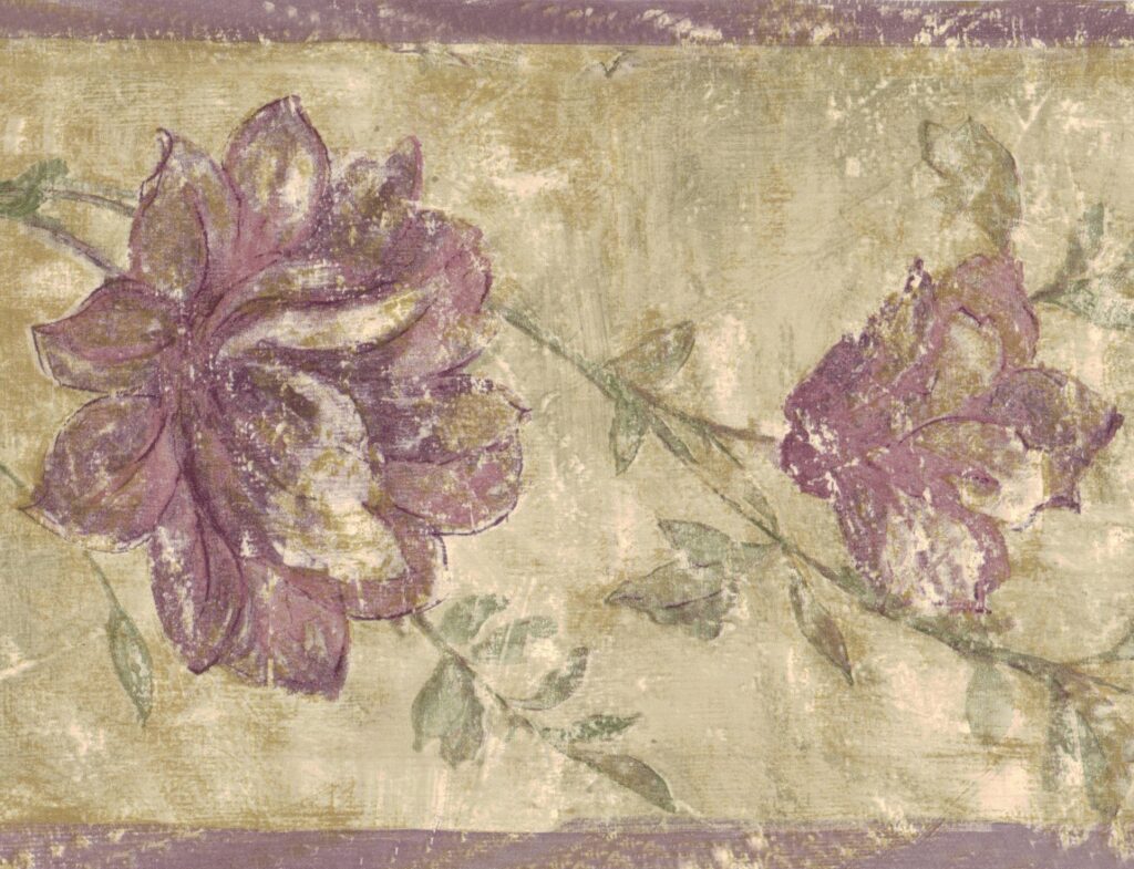Prepasted Wallpaper Border – Floral Distressed Purple, Beige Flowers on Vine Wall Border Retro Design, 15 ft x 6.8 in (4.57m x 17.27cm)