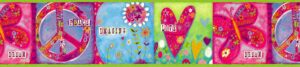 Prepasted Wallpaper Border - Kids Pink, Green, Blue, Purple Peace, Heart, Flower, Butterrfly Wall Border Retro Design, 15 ft x 6 in (4.57m x 15.24cm)