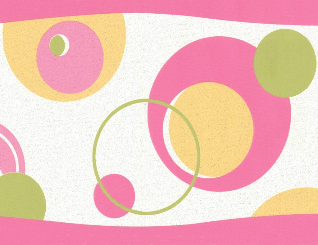 Prepasted Wallpaper Border – Geometric Pink, Green, Yellow, White Circles Wall Border Retro Design, 15 ft x 6 in (4.57m x 15.24cm)