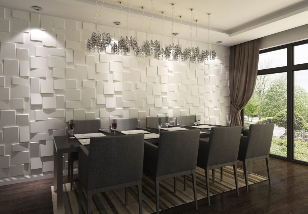 dining table with off-white geometric steps, fiber 3D wall panel