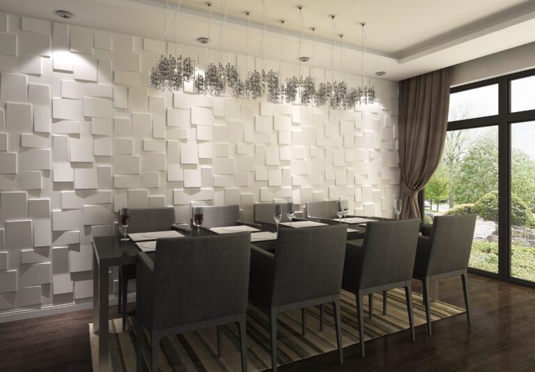 dining table with off-white geometric steps, fiber 3D wall panel
