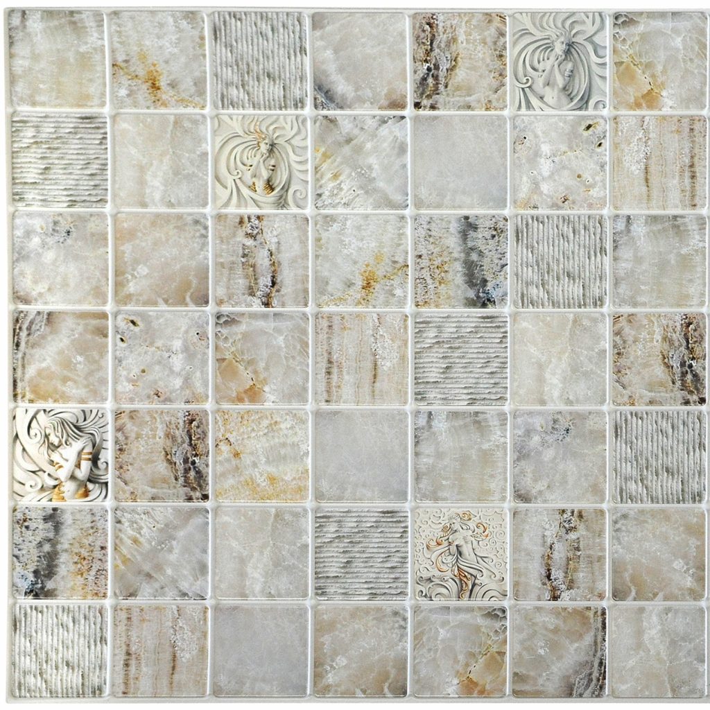 Beige Grey Faux Venecian Marble in Squares, 3.1 ft x 1.6 ft, PVC 3D Wall Panel, Interior Design Wall Paneling Decor, 4.9 sq. ft.