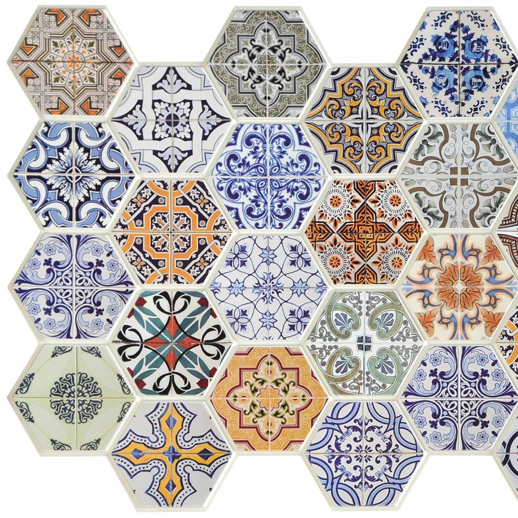 Multicolor Faux Hexagon Patchwork Mosaic, 3.2 ft x 1.6 ft, PVC 3D Wall Panel, Interior Design Wall Paneling Decor, 5.2 sq. ft.