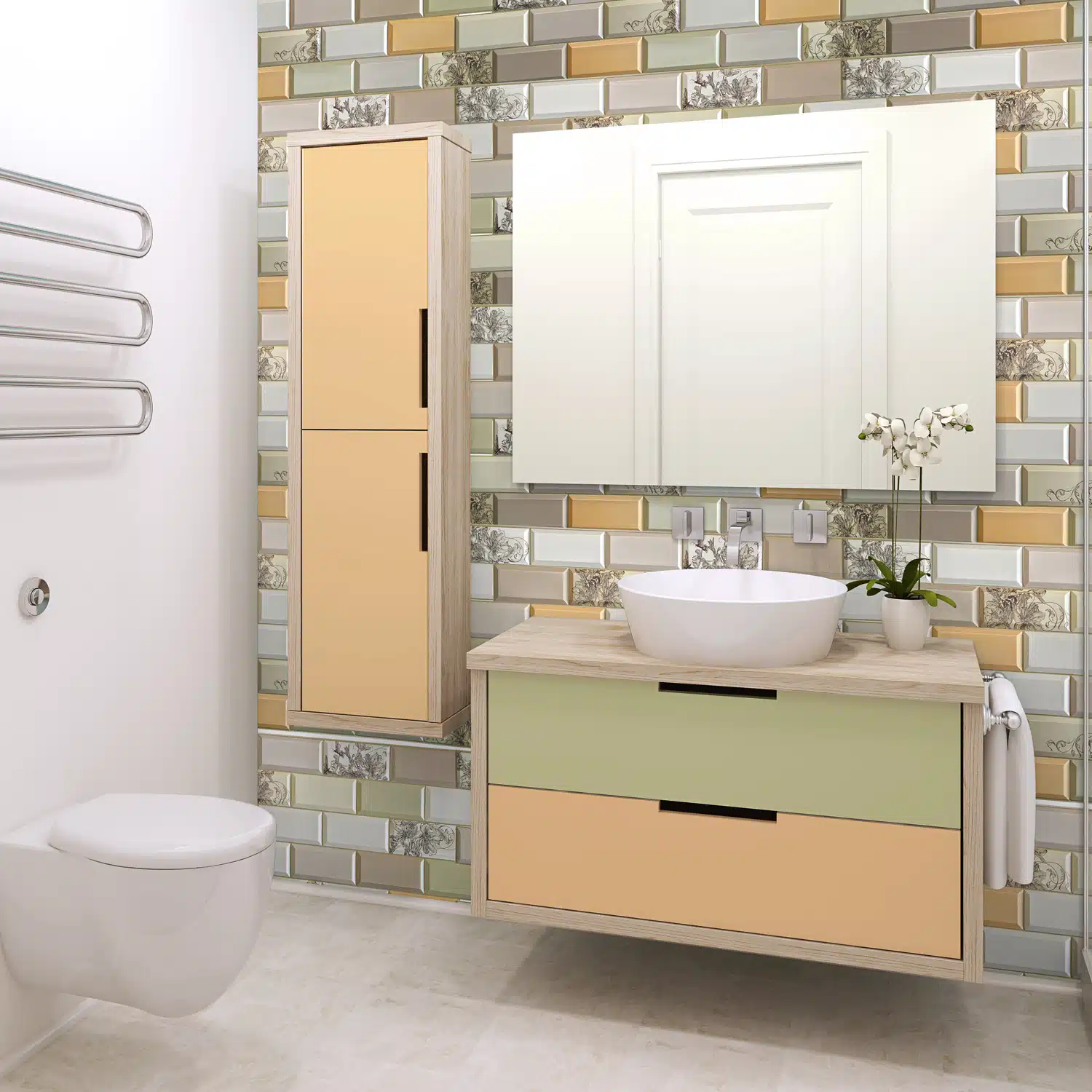 white beige faux bricks shower room bright